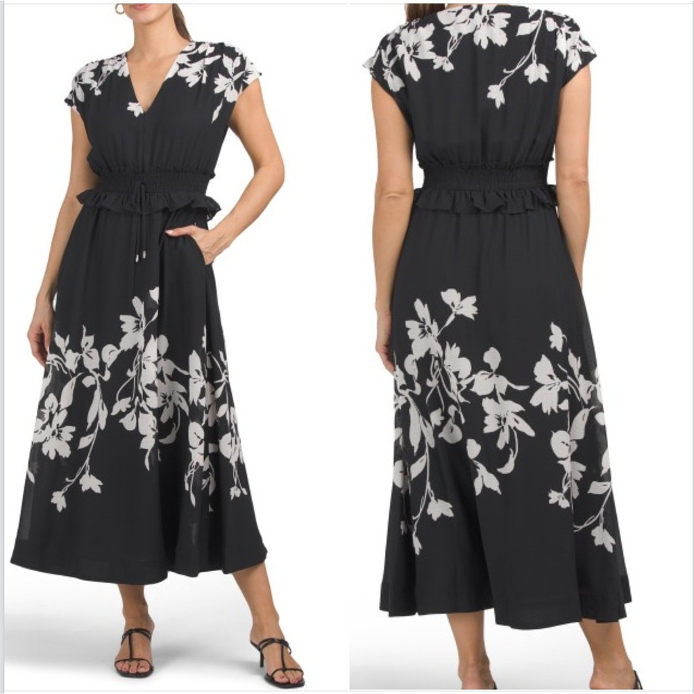 Taylor Womens Black Cream Floral V-Neck Smocked Waist Maxi Dress Cap Sleeve - Picture 2 of 9